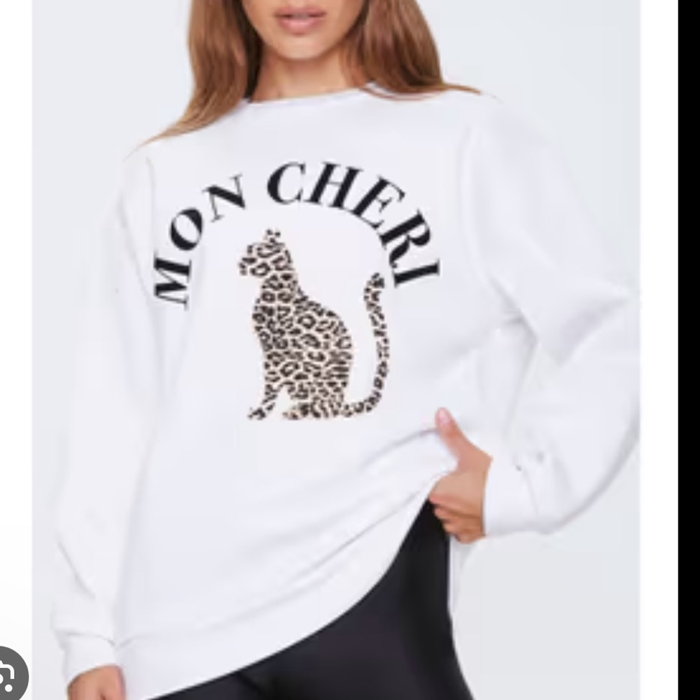 Forever 21 white Mon Cheri leopard cat graphic sweatshirt size small